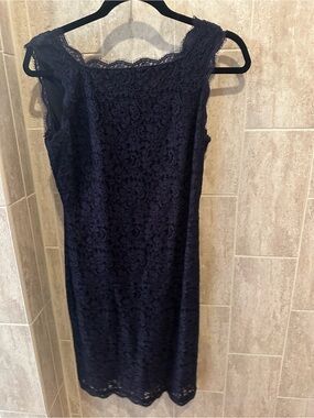 Adrianna Papell Navy Lace Midi Sheath Dress
